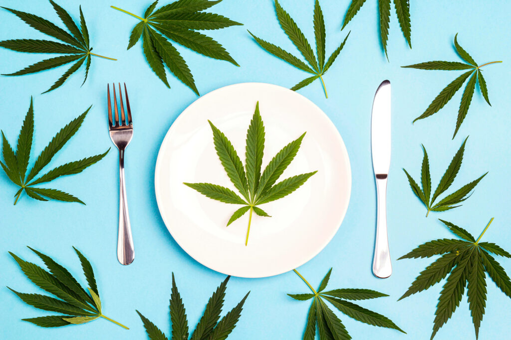 table setting with cutlery and cannabis